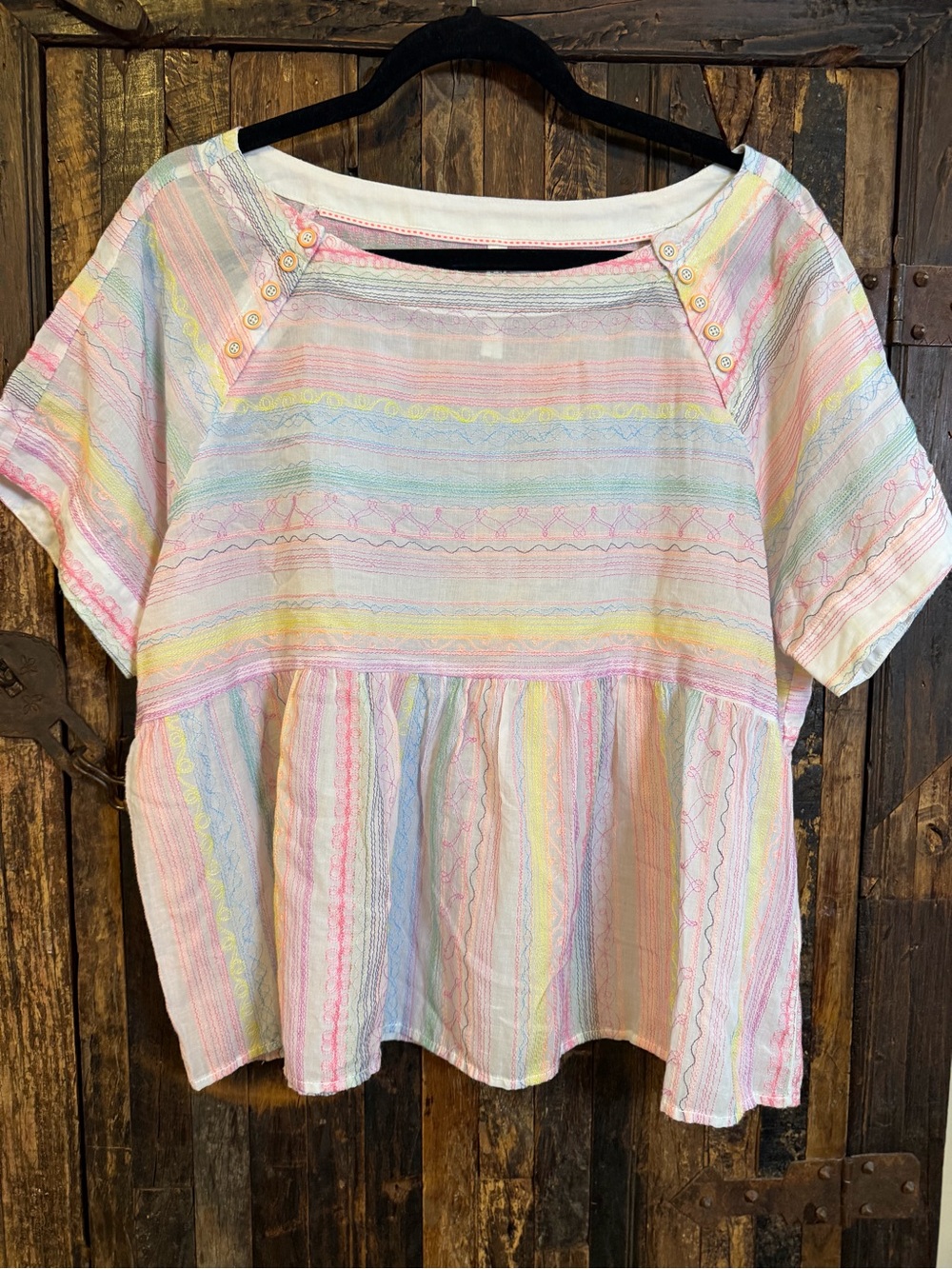 Anthropologie Pastel Embroidered Babydoll Top M Cotton Boho Peplum Blouse